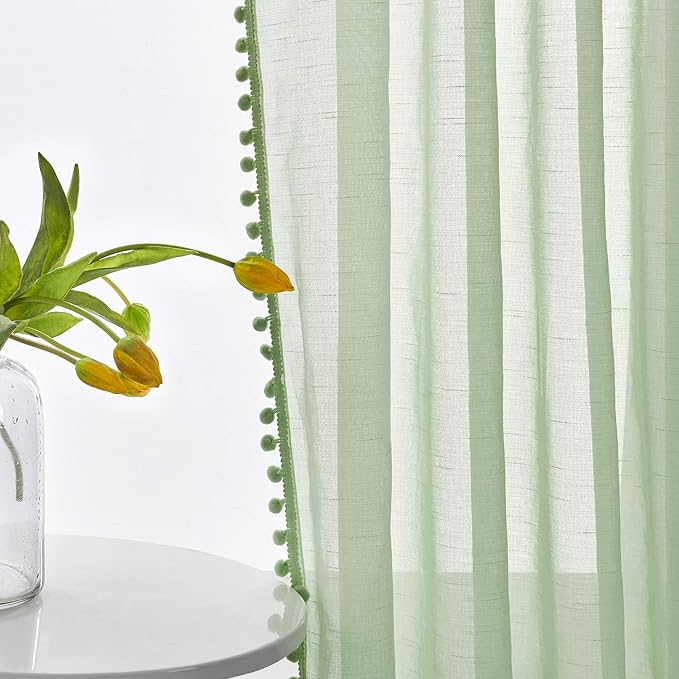 Treatmentex Sage Green Sheer Curtains for Kids-Room 63 inches Slub Textured Pom Pom Window Drapes for Bedroom Sage 52" W x 2 Panels Rod Pocket