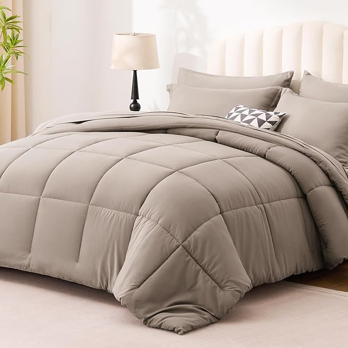 Love's cabin Twin XL Comforter Set Light Brown, 5 Pieces Twin XL Bed in a Bag, All Season Bedding Sets with 1 Comforter, 1 Flat Sheet, 1 Fitted Sheet, 1 Pillowcase and 1 Pillow Sham