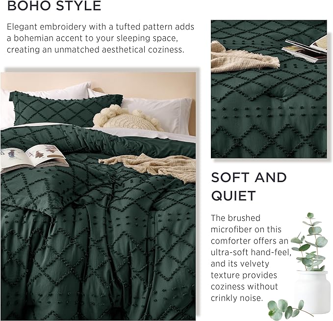 Bedsure King Comforter Set - Forest Green Comforter, Boho Tufted Shabby Chic Bedding for Kids, 3 Pieces Vintage Farmhouse Bed Set for All Seasons, Fluffy Soft Bedding with 2 Pillow Shams