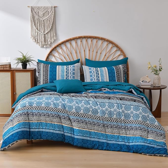 Cottolester Boho Comforter Set Queen Size,8 Pieces Teal Blue Bohemian Striped Bed in a Bag,Paisley Soft Microfiber Bedding Comforter Set