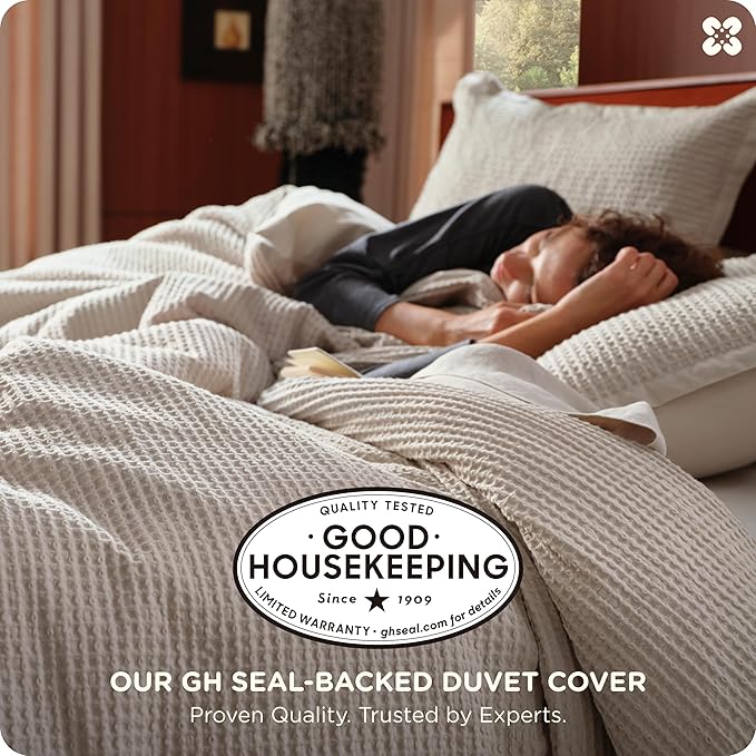 Bedsure Cotton Duvet Cover Set - 100% Cotton Waffle Weave Linen Duvet Cover Oversized King Size, GentleSoft™ and Breathable Bedding Set for All Season, 3 Pieces, 120"x98"