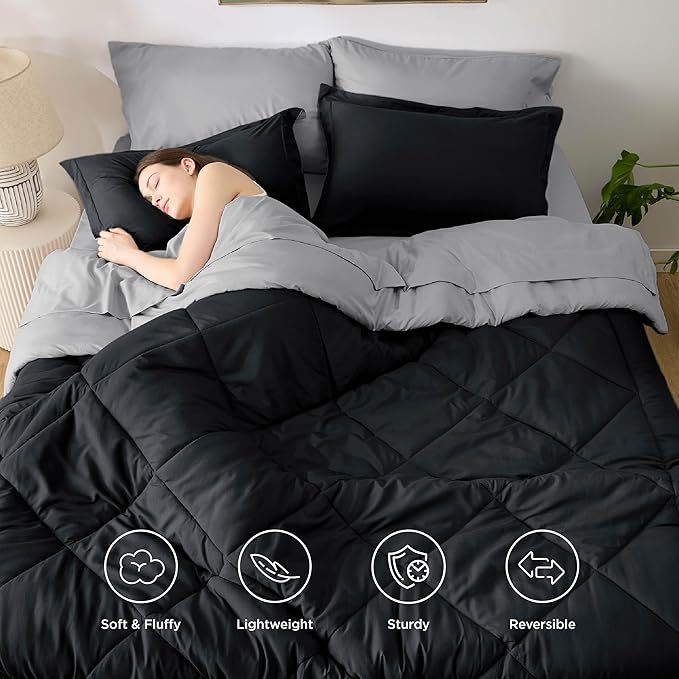 Bedsure California King Comforter Set - 7 Pieces Reversible Black Bedding, California King Size Bed Set for All Seasons, Bed in a Bag with Down Alternative Comforter, Sheets, Pillowcases & Shams