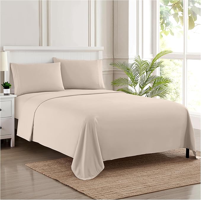 RV Queen Bed Sheets - Breathable Luxury Sheets with Full Elastic & Secure Corner Straps Built In - 1800 Supreme Collection Extra Soft Deep Pocket Bedding Set, Sheet Set, RV Short Queen, Beige