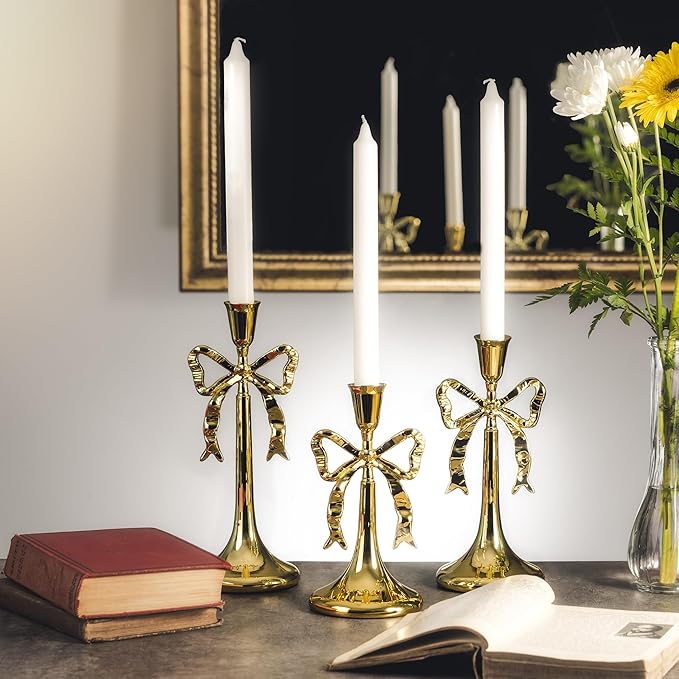 Iris Bow Candle Holders Set of 3, Gold Taper Candlestick Holders, Vintage Decor Perfect for Home Décor Accents, Centerpiece Dining Table Wedding Decor Fireplace Mantel or Housewarming Gift