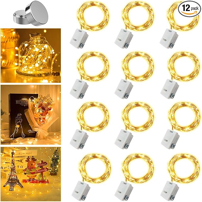 12 Pack Valentine's Day Fairy Lights Battery Operated, 3 Speed Modes, Extra 12 Batteries for Replacement, 7Ft 20 LED Mini String Light, Waterproof Copper Wire, Twinkle Firefly Lights for Christmas