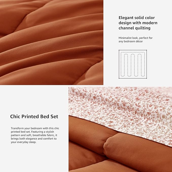 Monbix Full Comforter Set - 7 Pieces Burnt Orange Bed in a Bag Full Size Track Stitching Bedding Sets, All Seasons Down Alternative Comforter with Sheets,Pillowcases & Shams