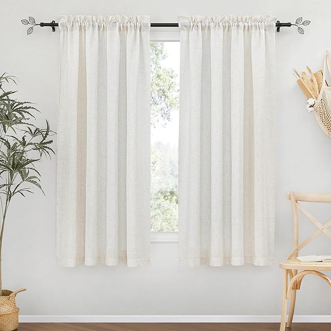 RYB HOME Linen Textured Semi Sheer Curtains Half Privacy Light Glare Filtering Breezy Airy Window Decor for Bedroom Bathroom Living Room, Linen, 34 inch Wide x 63 inch Long, 2 Panels