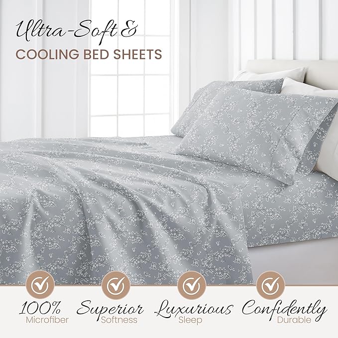 Linen Market 4 Piece King Sheet Set - Breathable, Double-Brushed Patterned Cooling Sheets – Oeko-TEX Certified Ultra Soft & Wrinkle-Free 16" Deep-Pocket King Sheets - Easy Care Trellis Vine Gray
