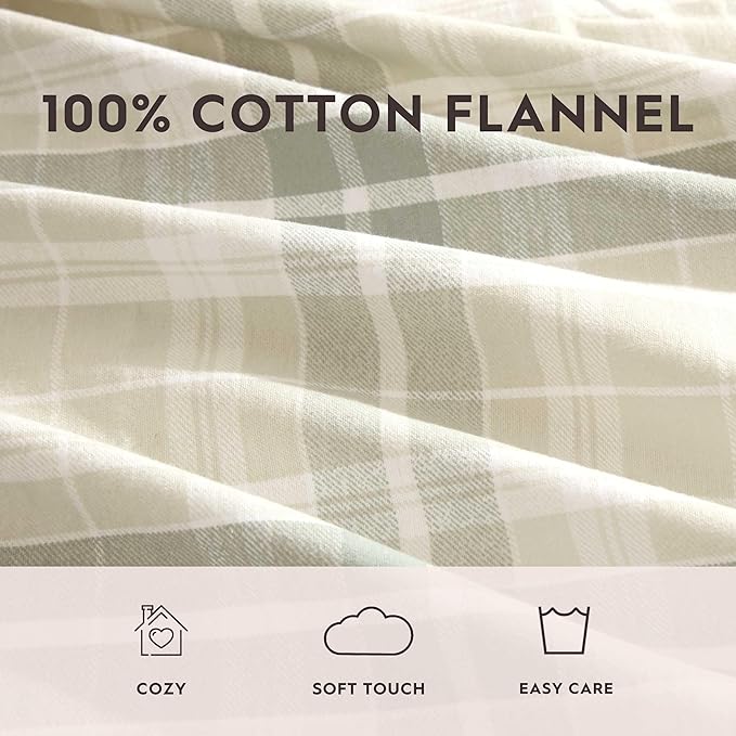 Laura Ashley - Flannel Sheets Queen Size, Anti-Pilling & Wrinkle Resistant Cotton, Touchably Soft for All-Season Comfort - Bed Sheets with Matching Pillowcases & Fitted Sheet (Mulholland Plaid Green)