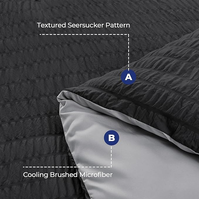 HYMOKEGE Black/Light Grey King Size Comforter Set Seersucker 7 Pieces, All Season Luxury Bed in a Bag for Bedroom, Bedding Set with Comforter, Sheets, Pillowcases & Shams