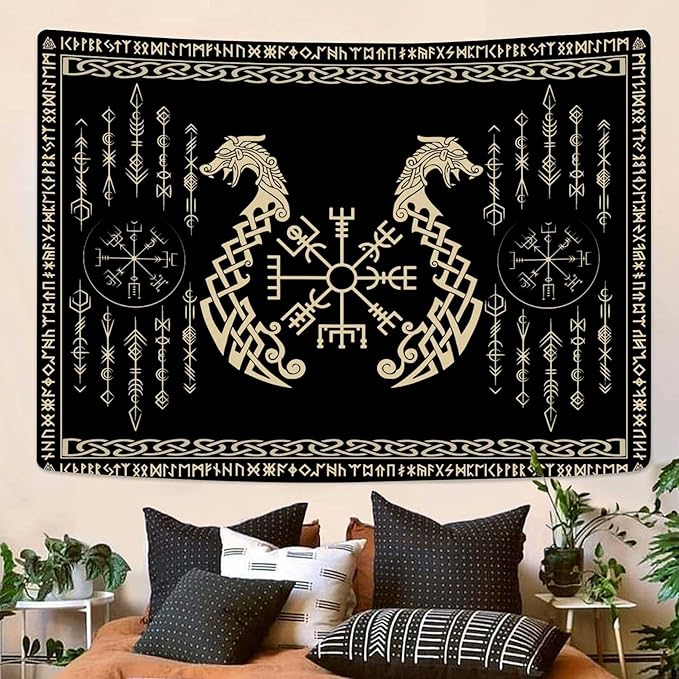 OSUNBD Nordic Vikings Tapestry, Large 10670 inches Soft Flannel, Vegvsir Symbol Twins Dragons Celtic Rune Scandinavian Aesthetic Mythology Tapestry Wall Hanging for Bedroom Living Room Decor