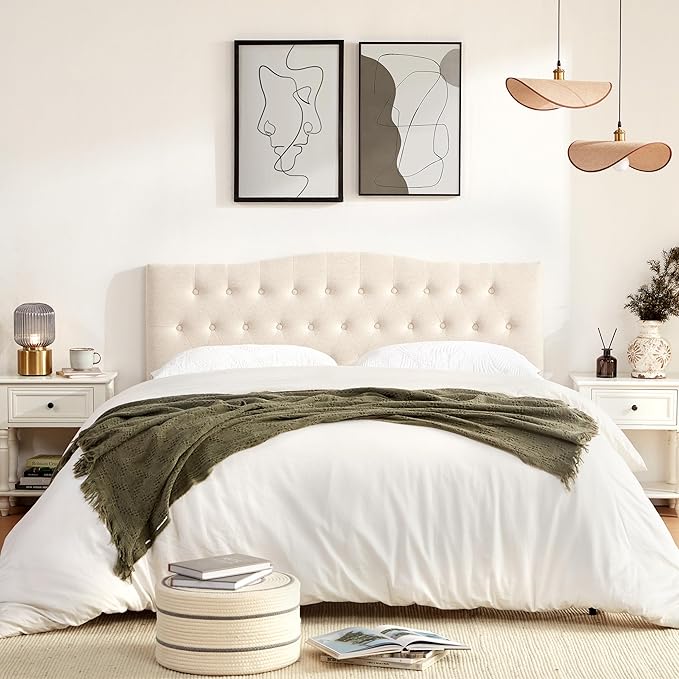 Tufted Upholstered Headboard Twin Size, Sturdy and Durable Solid Wood Twin XL headboard, Fabric Headboard Adjustable Height from 37” to 51”, Modern Button Diamond Design Head Board, Beige