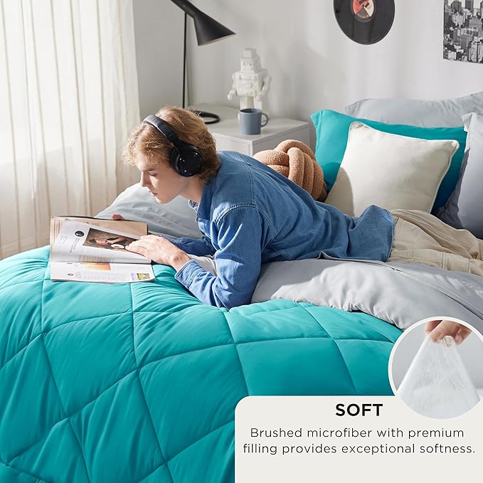 Bedsure Full Size Comforter Set - 7 Pieces Reversible Teal Bedding, Full Size Bed Set for All Seasons, Bed in a Bag with Down Alternative Comforter, Sheets, Pillowcases & Shams