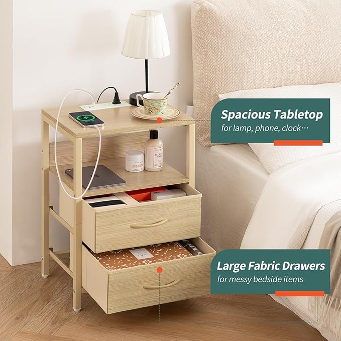 Yoobure Nightstand with Charging Station, Small Night Stand with Fabric Drawers and Storage Shelf for Bedrooms, Nightstands for Small Spaces, Bedside Table with USB Ports & Outlets, Bed Side Table