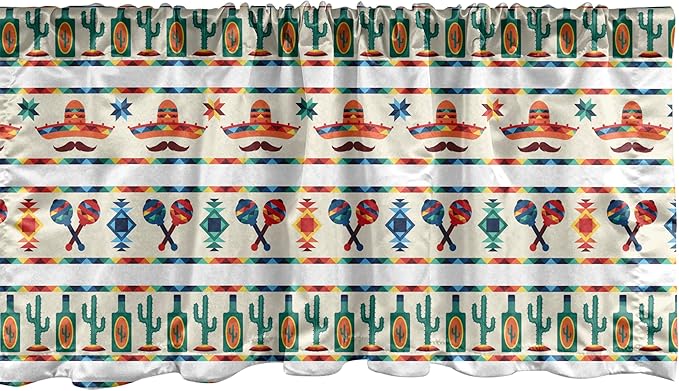Ambesonne Mexican Window Valance Pack of 2, Latin American Cultural Native Borders Indigenous Saguaro Sombrero Tequila Bottle, Rod Pocket Curtain Valances for Kitchen Bedroom, 42" X 18", Jade Green