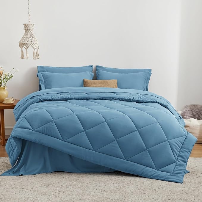 Love's cabin Queen Comforter Set Misty Blue, 7 Pieces Queen Bed in a Bag, All Season Bedding Sets with 1 Comforter, 1 Flat Sheet, 1 Fitted Sheet, 2 Pillowcase and 2 Pillow Sham