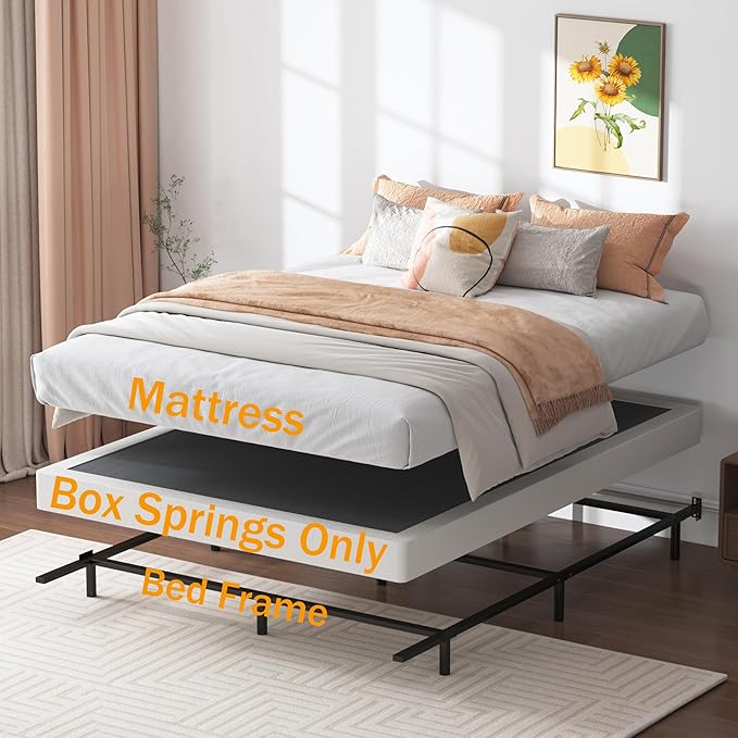 Box Spring Queen - 3 Inch Heavy Duty Low Profile Metal Queen Box Springs for Bed, Mattress Foundation, Easy Assembly,Easy Clean Cover
