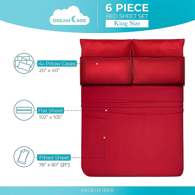 DREAMCARE King Size Sheets Set – 6 pcs Cooling Bed Sheets – up to 21” Deep Pocket King Sheet Set – 2500 Supreme Collection – Extra Soft 100% Brushed Microfiber Hotel Luxury with Side Pocket – Burgundy