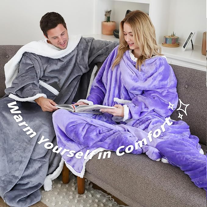 Catalonia Sherpa Wearable Blanket with Sleeves & Foot Pockets for Adult Women Men, Comfy Snuggly Wrap Sleeved Throw Blanket Robe, Gift Idea, Grey