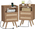 SUPERJARE 2 Drawer Night Stand with Charger Station, Boho Rattan Nightstand Set of 2, 25.2 Inch Tall Bed Side Table with Solid Wood Feet, End Table, Open Storage, Synthetic Rattan, Walnut