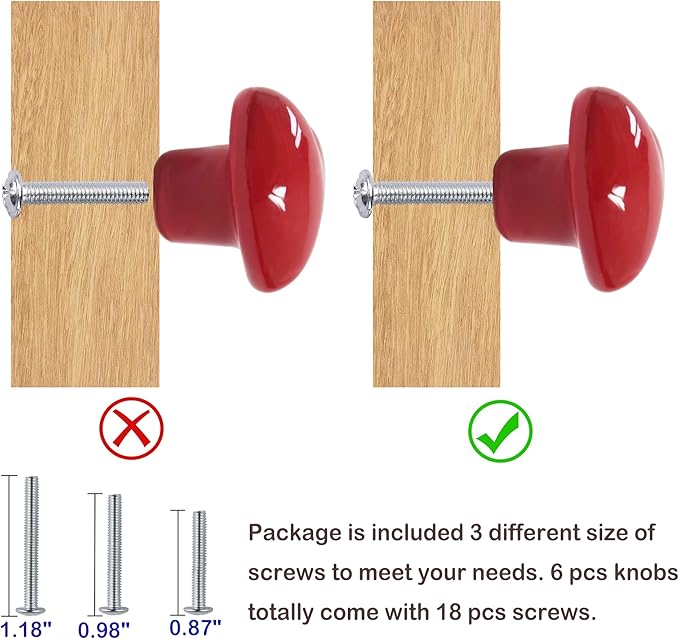 Heart Ceramic Dresser Drawer Knobs Heart Shape Cabinet Dresser Pulls Handles with 3 Sized Screws Kitchen Furniture Knobs (Red, 6 Pack)