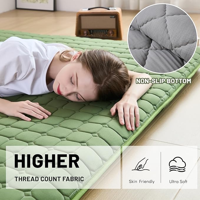 Japanese Floor Mattress Queen, Anti-Slip Japanese Futon Foldable Tatami Mat for Guests, Green