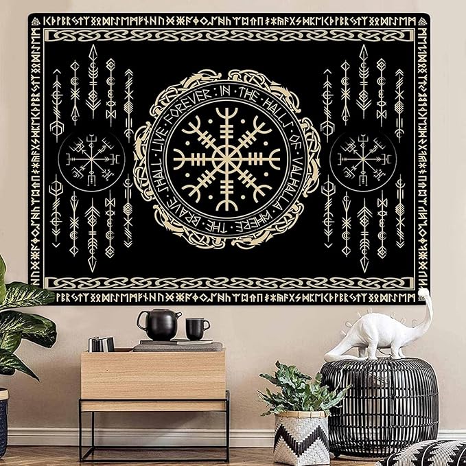 OSUNBD Nordic Vikings Tapestry Small 70x47inches Soft Flannel Vegvsir Symbol Amulet Celtic Rune Scandinavian Aesthetic Mythology Tapestry Wall Hanging for Bedroom Living Room Decor