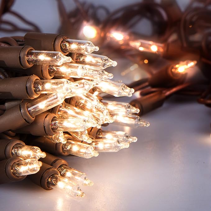 612 Vermont 50 Clear Mini Christmas String Lights on Brown Wire Cord, UL Approved for Indoor/Outdoor Use, 9 Foot of Lighted Length, 11 Foot of Total Length