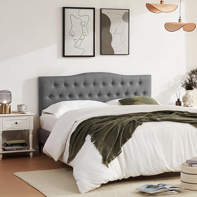 Tufted Upholstered Headboard Queen Size, Sturdy and Durable Solid Wood Bed headboard, Fabric Headboard Adjustable Height from 37” to 51”, Modern Button Diamond Design Head Board, Grey