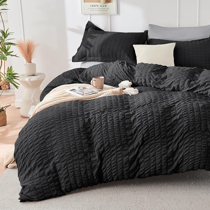 HYMOKEGE Black/Light Grey Twin Comforter Set Seersucker 5 Pieces, All Season Luxury Bed in a Bag for Bedroom, Bedding Set with Comforter, Sheets, Pillowcase & Sham