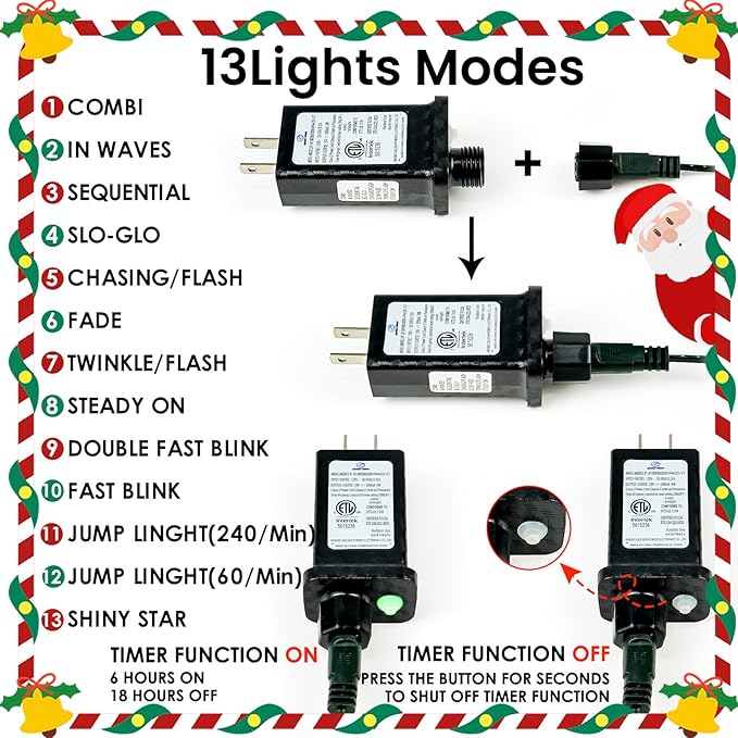 BHCLIGHT Extra-Long 165FT 500LED Christmas String Lights Outdoor/Indoor, Timer & Memory & 13 Modes, Warm White Christmas Lights Waterproof Green Wire Tree Lights for Xmas Holiday Party