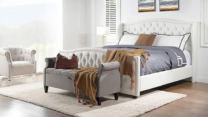 Jennifer Taylor Home Marcella Upholstered Shelter Headboard Bed Set, King, Antique White Polyester
