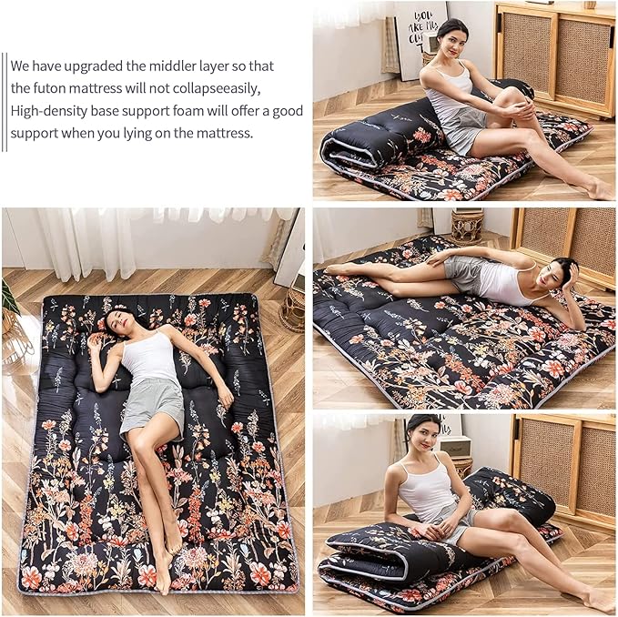 Black Floral Japanese Futon Floor Mattress, Bed Mattress Topper Portable Thick Sleeping Pad Floor Bed Roll Up Camping Mattress Folding Couch Bed Mattress Pad for Guest Room, Twin Size