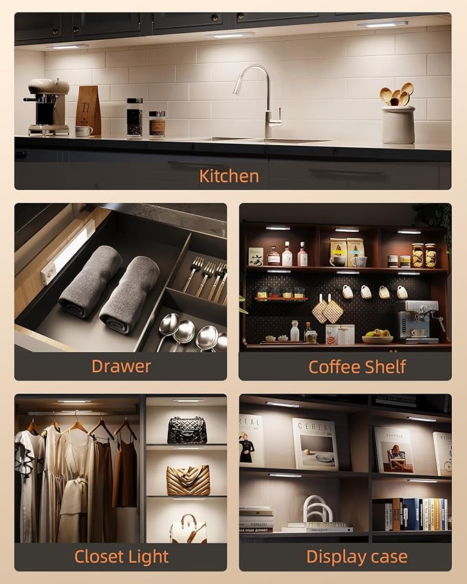 EZVALO 6-Pack Under Cabinet Lighting, 7.8" Wireless Closet Lights, 30 LED Rechargeable Motion Sensor Light, Dimmable, 3 Color Temperatures, Counter Lights for Kitchen, Pantry, Bedroom, Wardrobe