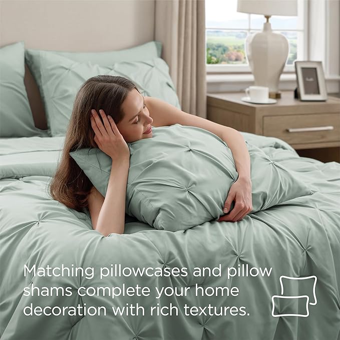 Bedsure California King Comforter Set - Bed in a Bag Cal King Bedding Set 7 PCS, GentleSoft™ Pintuck Bed Set Gift for Family, Pinch Pleat Sage Green Comforter with Sheets, Pillowcases & Shams