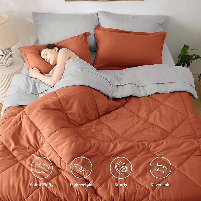Bedsure Full Size Comforter Set - 7 Pieces Reversible Burnt Orange Bedding, Full Size Bed Set for All Seasons, Bed in a Bag with Down Alternative Comforter, Sheets, Pillowcases & Shams