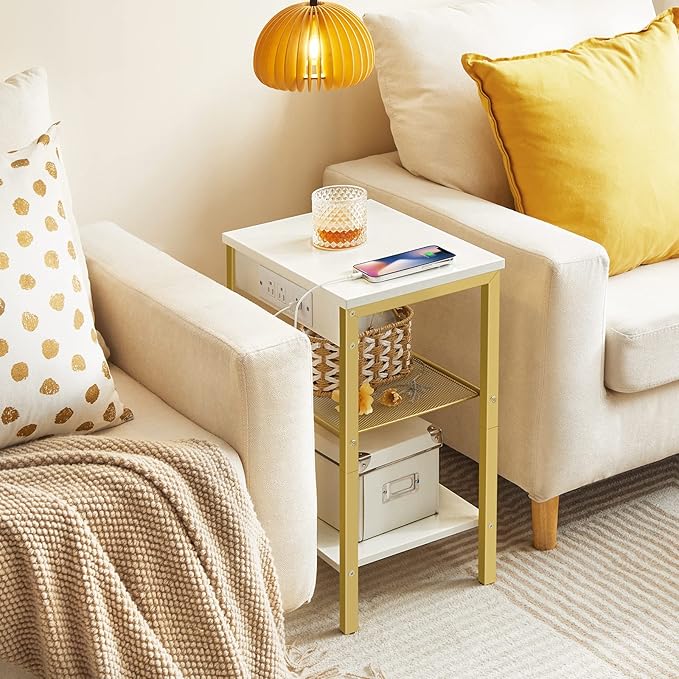 HOOBRO End Tables Set of 2 with Charging Station and USB Ports, 3-Tier Nightstands with Adjustable Shelves, Small Side Tables for Small Space in Living Room, Bedroom, White and Gold DW112BZP201G1