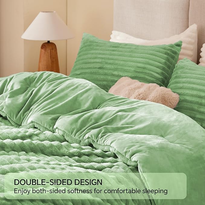 BEDELITE Fleece Full Comforter Set -Super Soft & Warm Fluffy Green Bedding, Luxury Fuzzy Heavy Bed Set for Winter with 2 Pillow Cases