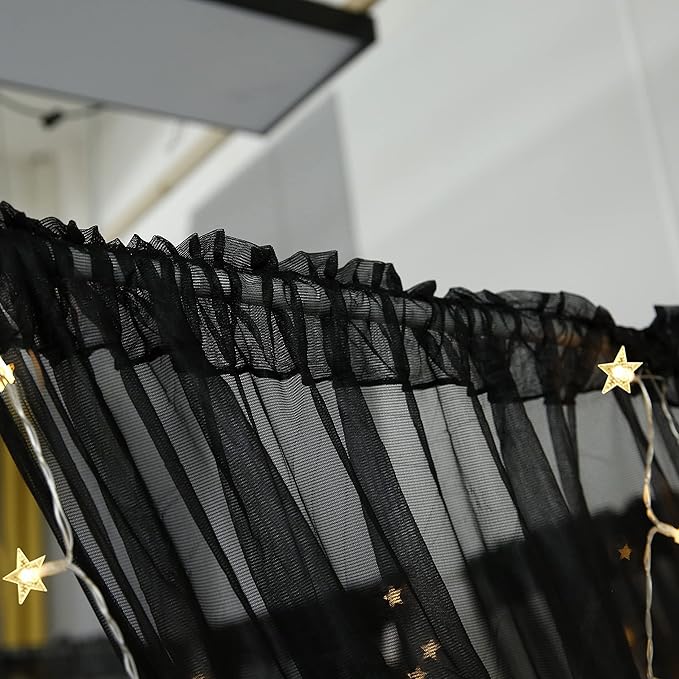 Akiky Canopy for Girls Room Black Bed Curtains Elegant Sheer Curtain for Twin Full Queen King Size Bed Drapes,8 Panels Canopies with Light,Room Décor(Twin,Black)