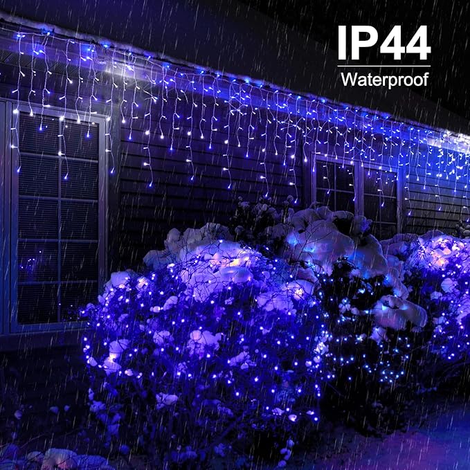 Brightown Icicle Lights Outdoor, 66Ft Christmas Lights with 30 Drops, 1125 LED Firecracker Icicle Christmas Light Outdoor with Timer for House Eaves Wedding, Blue & White