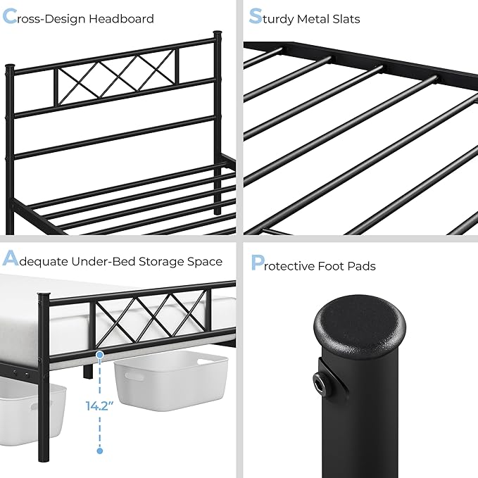 Yaheetech Twin XL Size Metal Platform Bed Frame with Simple Headboard and Footboard, Mattress Foundation for Under Bed Storage, Steel Slat Support, No Box Spring Needed, Easy Assembly, Black