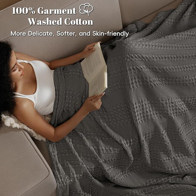 PHF 100% Cotton Waffle Weave Blanket Queen Size for Bed, Soft Lightweight & Breathable, All-Season Comfort, Luxury Aesthetic Woven Bedding for Home Decor, 90"x90", Charcoal Grey