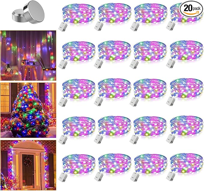 20 Pack Fairy Lights Battery Operated - 3 Speed Modes, 7Ft 20 LED String Twinkle Lights, Waterproof Copper Wire, Mini Firefly Light for Mason Jars Vases Christmas Decor, Multi-Colored