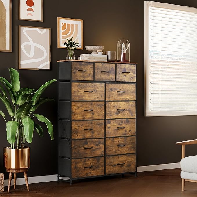 WLIVE Storage Organizer Unit with 13 Fabric Bins, Storage Drawers Organizer with Steel Frame, Tall Storage Tower Organizaton for Living Room, Hallway, Office, Rustic Brown Wood Grain Print