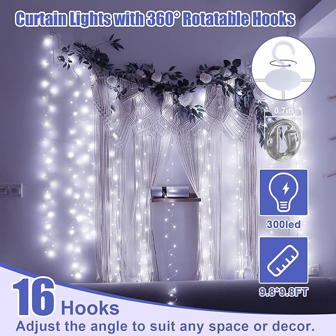Upgrade 300 LED Curtain Light, 9.8ft x 9.8ft Copper Wire String Lights, USB Powered Hanging Window Fairy Lights, 8 Lighting Modes, Remote Control for Home Christmas Wedding Party, White