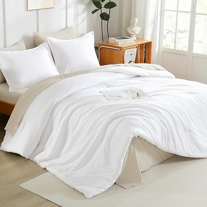 Litanika White Comforter King Size, 3 Pieces Lightweight Solid Bedding Comforter Set, All Season Fluffy Bed Set (104x90In Comforter & 2 Pillowcases)