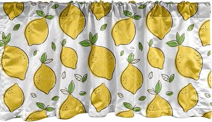 Ambesonne Lemons Window Valance Pack of 2, Continuous Citrus Fruits Leaves Refreshing Cartoon Pattern, Rod Pocket Curtain Valances for Kitchen Bedroom, 42" X 12", Lime Green Earth Yellow
