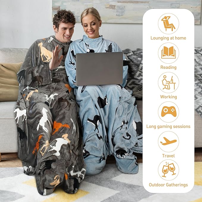 Catalonia Wearable Fleece Blanket with Sleeves and Foot Pockets for Adult Women Men, Micro Plush Comfy Wrap Sleeved Throw Blanket Robe Large, Wondercat Grey