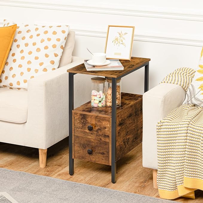 HOOBRO End Table, Narrow Chairside Table with Drawer and Open Storage Shelf, Nightstand for Small Spaces, Stable and Sturdy Construction, Wood Look Accent Furniture, Rustic Brown and Black BF548BZ01G2