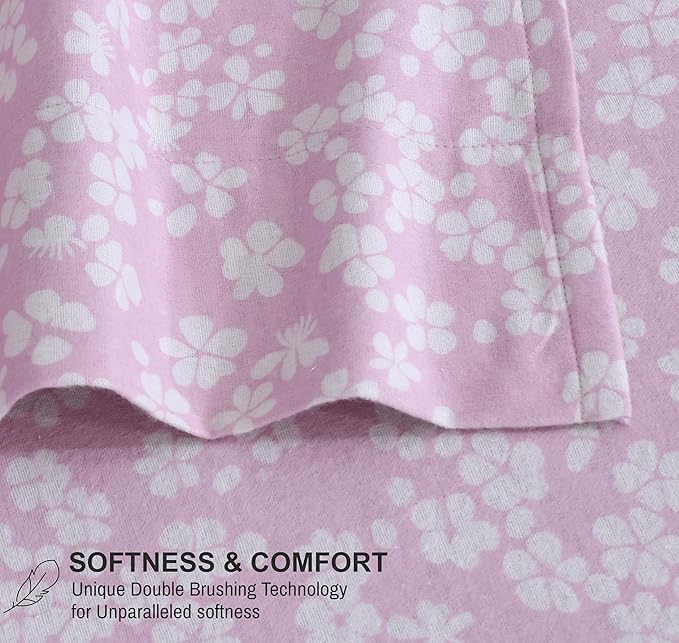 RUVANTI Flannel Sheets California King Size - 100% Cotton Brushed Cal King Bed Sheets Set - Deep Pockets 14 Inches - All Seasons Breathable & Extra Soft - Warm & Cozy, 4 Piece, Pink Flora